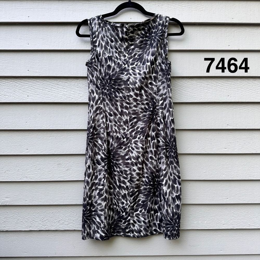 Ann Taylor Dress Sheath Silk Black Gray Print Sleeveless Womens 6P Office Glam